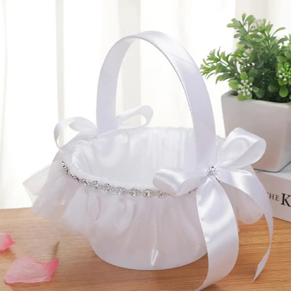 

New Portable Mini Wedding Flower Baskets With Bow Flower Girl Basket With Handle For Romantic Wedding Party