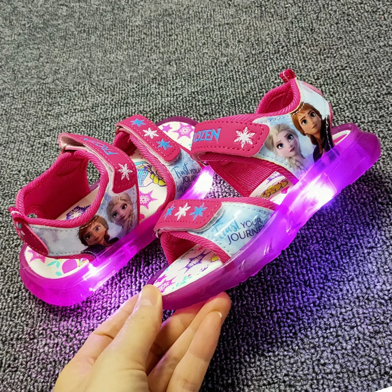 

Disney Girls Frozen2 Pink Princess Soft Sandals With Led Light Cute Soft Bottom Kids Show Beach Shoes