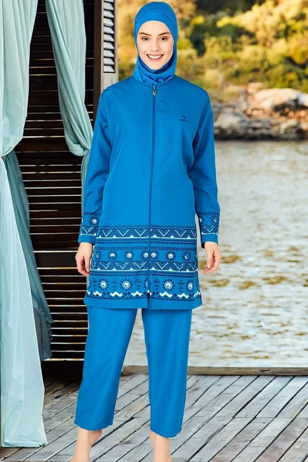 

Muslim Burkinis Ethnic Patterned Long Sleeve Oil Swimwear Modest Summer Clothing Hijab Sport Swimsuit Islamic Full Cover