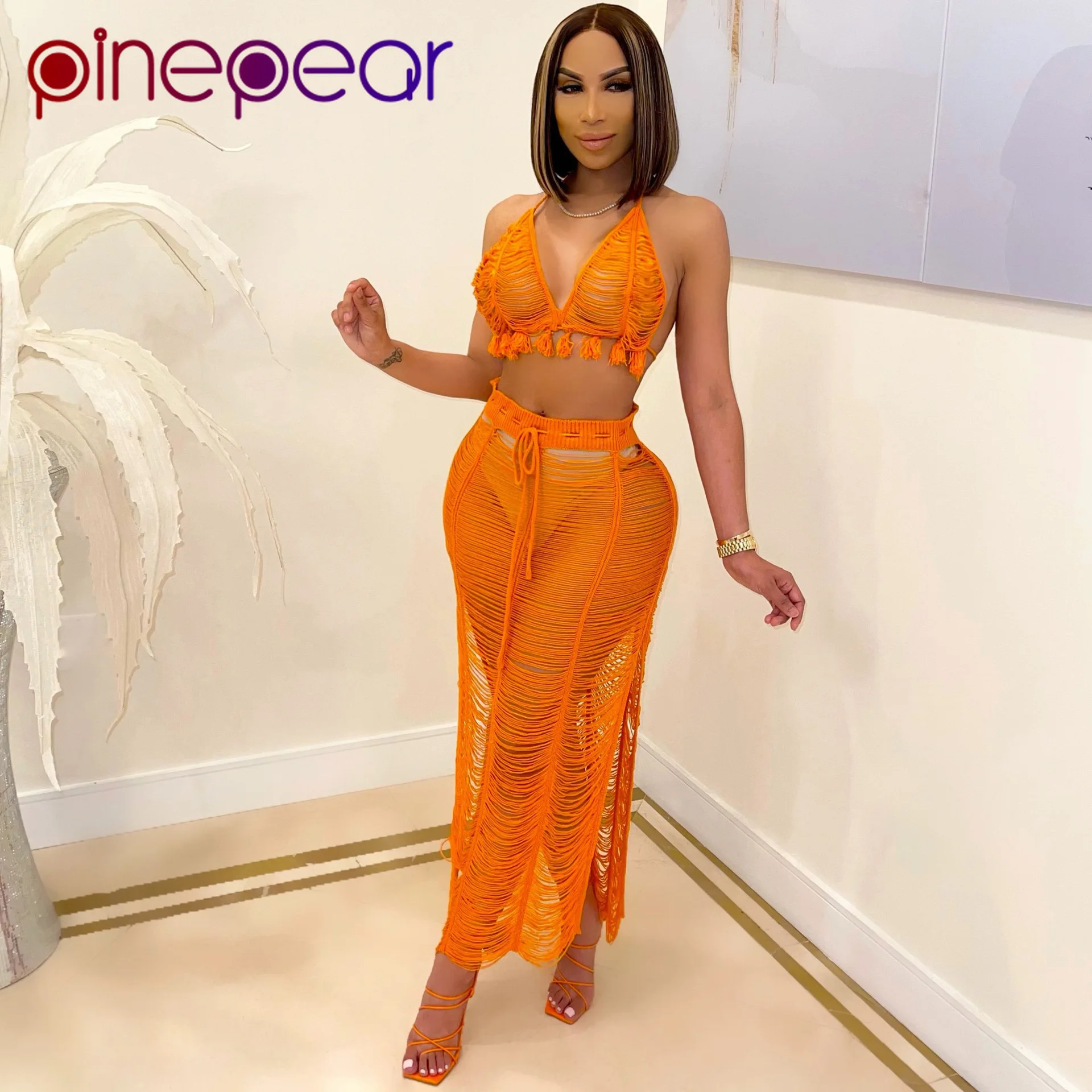 

PinePear Sexy Hollow Out See Through Crochet Tassel Two Piece Skirt Set Beach Knit Dress Womens 2 Pieces Matching Sets Wholesale