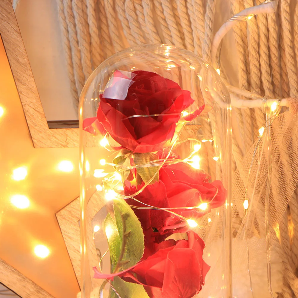 

20LED Energy Saving 3 Artificial Rose Flowers Fairy String Lights Glass Dome Night Lamps Creative Decorative Ornaments