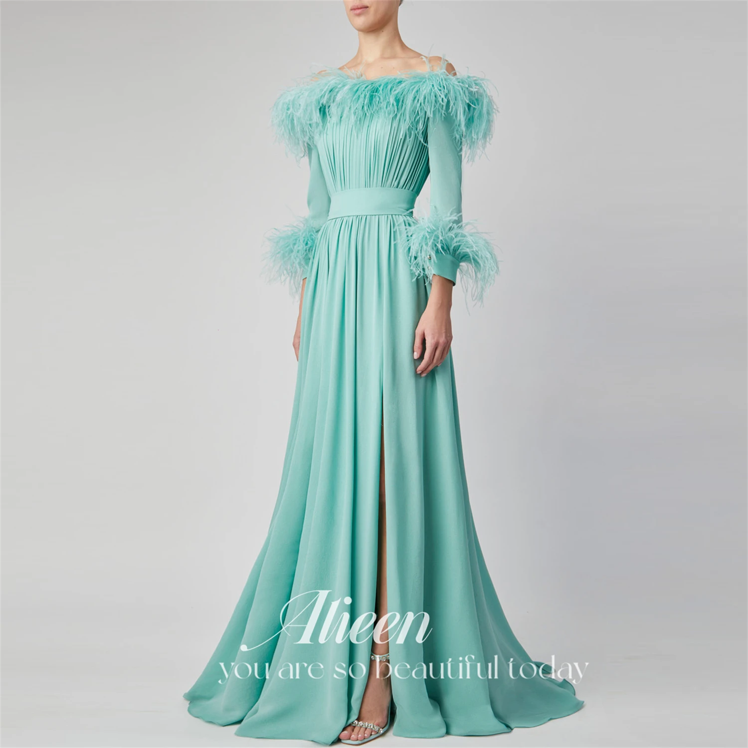 

Aileen Mint Green Elegant Evening Dresses for Women 2023 Feather Slit Formal Dress Party Evening Elegant Luxury Celebrity Prom