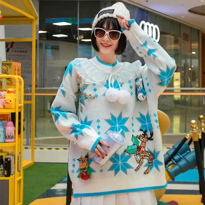 

Age Reducing Autumn Winter Women White Sweaters Personality Thicken Students Pullover Top Lazy Wind Mid-long Knitted Jumpers