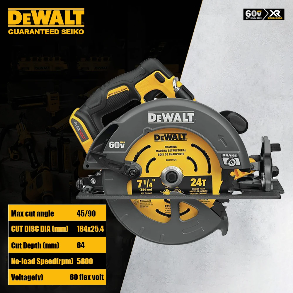 DeWALT DCS578 60v Cordless Circular Saw Brushless 7 Inch 184x25.4mm Adjustable Degree for WoodCuting Universal Flex Volt Battery