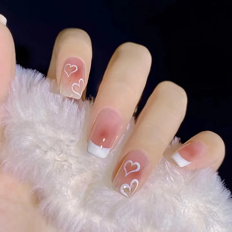 

24Pcs Short French False Nails with Love Pattern Design Wearable Pink Fake Nail Simple Ballet Full Cover Nail Tips Press on Nail