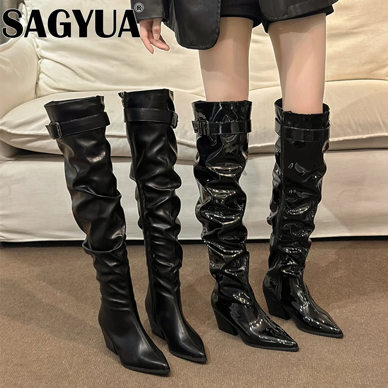 Женские сапоги выше колена на среднем каблуке с острым носком кожаная обувь зима
