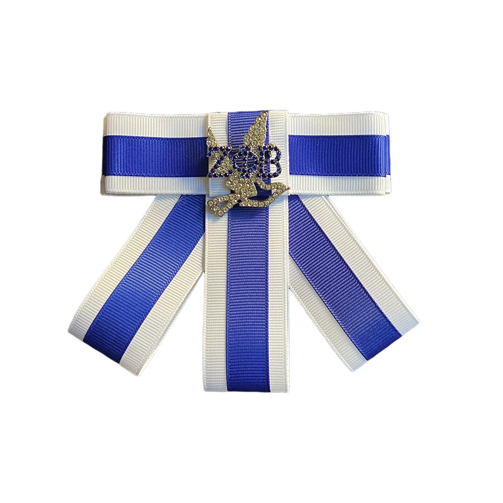 

Greek Association Blue White Ribbon Bow ZPB Rhinestone Dove brooch