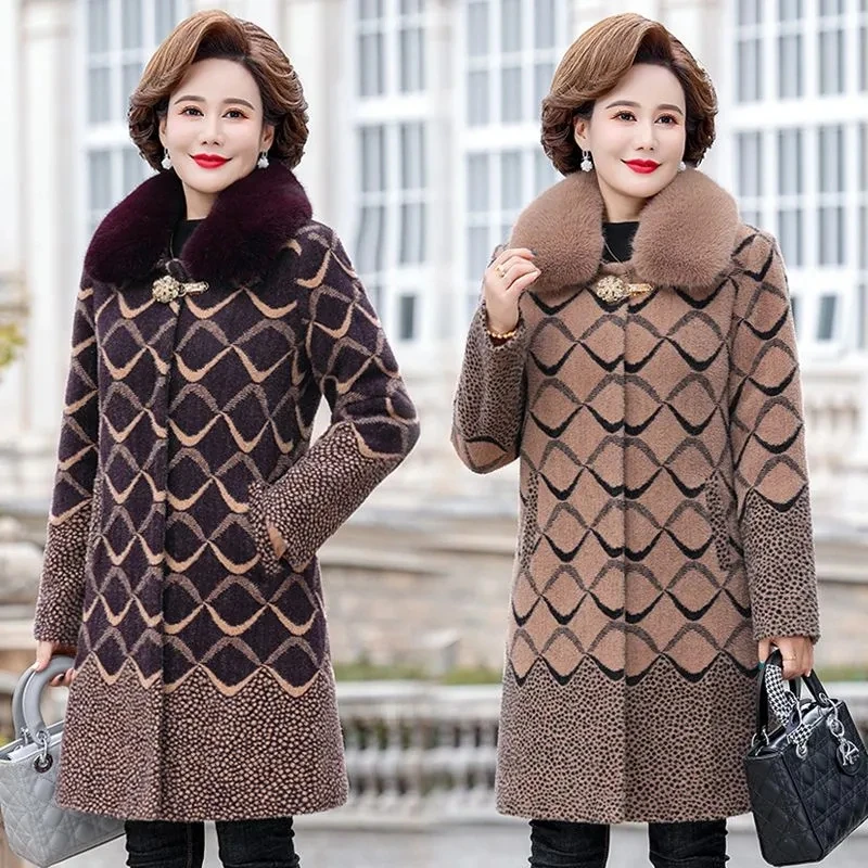 Mom Imitate Imitate Mink Bown Woolen Cotton thicken Overcoat Women's Autumn Winter Fur Collar Wool Coat Middle-aged Mom Jacke