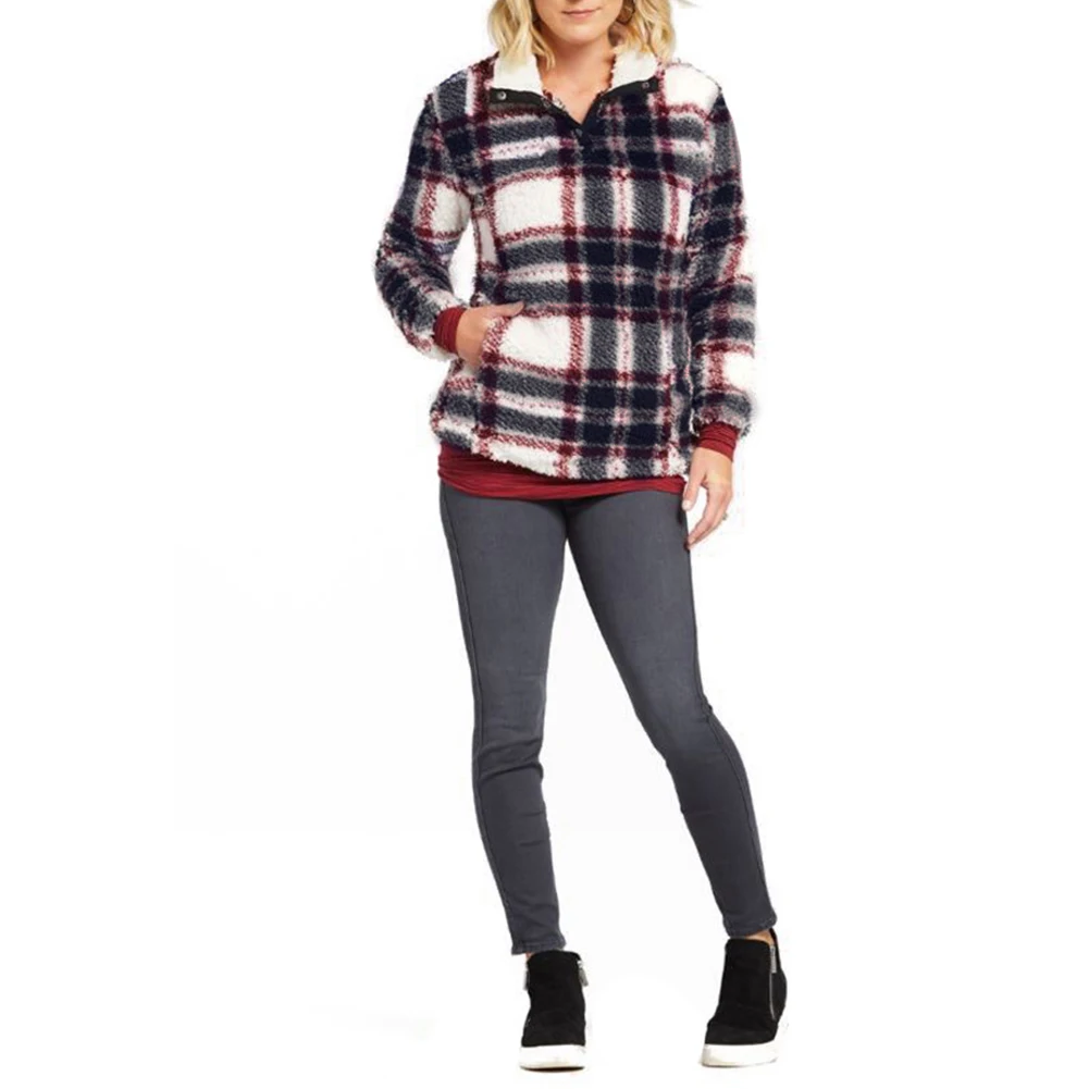 

Women Lady Hoodies Hot Selling Comfortable Soft Plaid Printing Plush Loose Long Sleeve Sweatshirt Lapel Pocket Casual Tops
