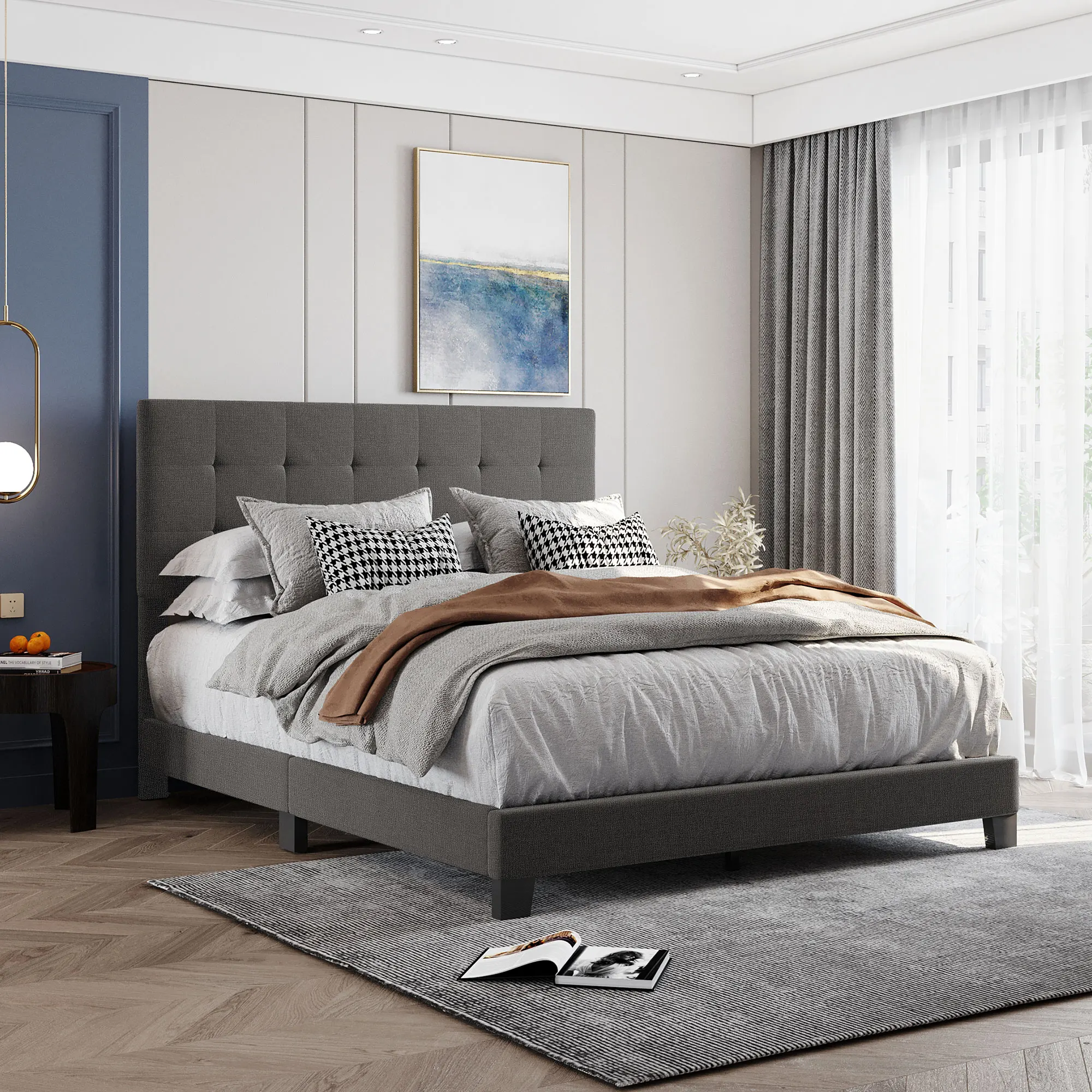 

Queen Size Upholstered Platform Bed with Tufted Headboard Box Spring Needed,Gray/Beige Linen Fabric[US-Stock]