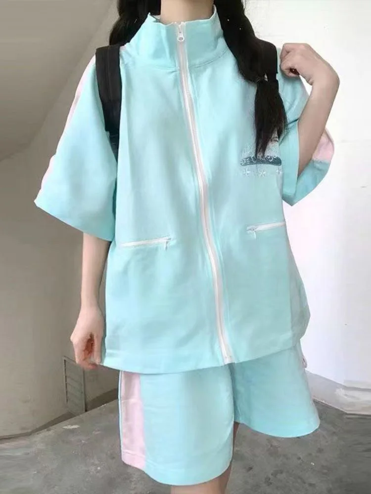 

Summer Tracksuit Two Piece Sets for Women Short Sleeve Loose Top High Waist Casual Shorts Outfits Y2k Clothes Fashion Grunge Set