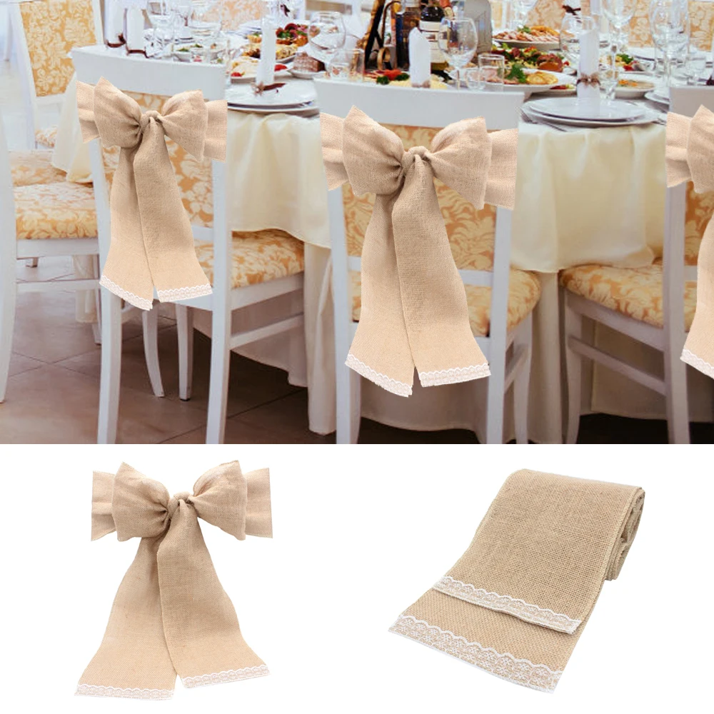 

Chair Sashes Wedding Party Decoration Burlap Lace Hessian Jute Chair Cover Bows Rustic Linen Lace Chair Bows Home Decor