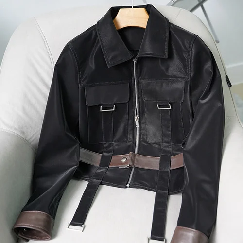 

Женская куртка из натуральной овечьей кожи, повседневное пальто из натуральной овечьей кожи с отложным воротником и поясом, весна-осень 2023