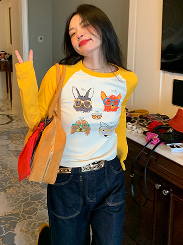 Рубашка с длинным рукавом реглан контрастного цвета Женская облегающая короткая