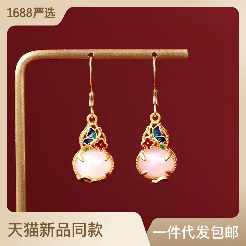 

New In Earrings Aesthetic Things Retro National Tide Earrings Gourd Gold-plated Imitation Hetian Jade Enamel Drop Glue Antique