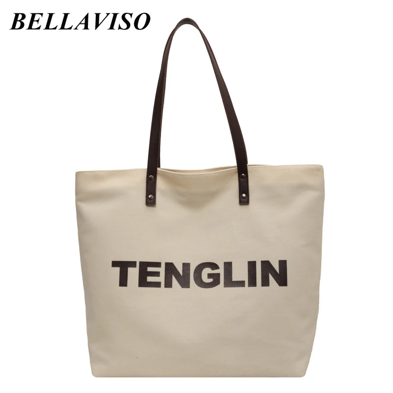 

BellaViso Versatile Women's Canvas Tote Bag Large Capacity Simple Letters Casual School Shopping Outdoor Shoulder Bags BLCB-05