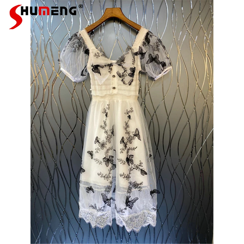 

Women's 2022 Summer New Fashion Retro Puff Sleeve Mid-calf Dress Ladies Elegant Mesh Stitching Butterfly Embroidered Long Dress