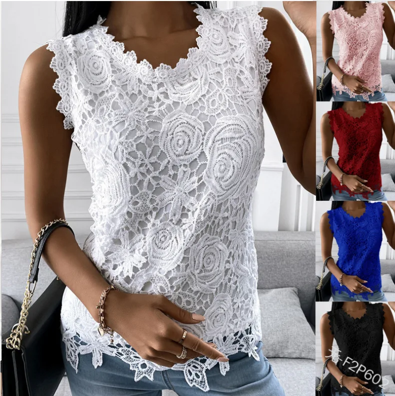 2022 Summer Fashion Ladies Lace Jacquard Sleeveless Casual Women vintage T-Shirt  Floral Vest U neck camisole Halter top