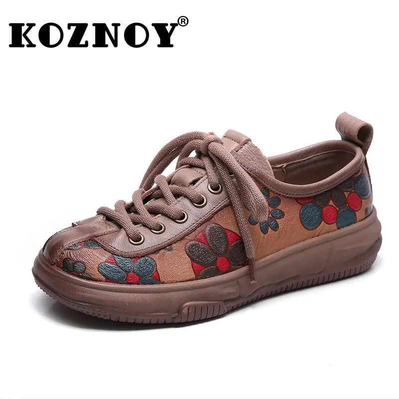 

Koznoy 4cm Embossed Flower Genuine Leather Platform Women Pumps Ethnic Comfy Spring Summer Autumn Print Females Lace Up Shoes