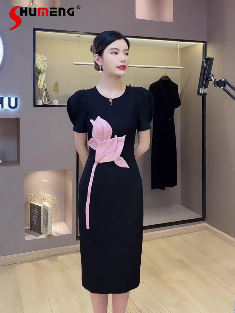 

Elegant Appliques Flower Stitching Black Summer Dress for Women 2022 New Elegant Slim Waist Puff Sleeve Black Dresses Ladies