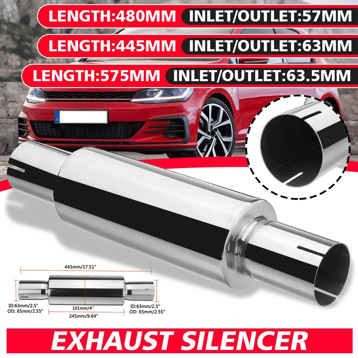 

2.25"/2.5" 63mm/57mm Stainless Steel Car Exhaust Muffler Silencer Resonator Chrome Muffler Tip Universal Exhaust System