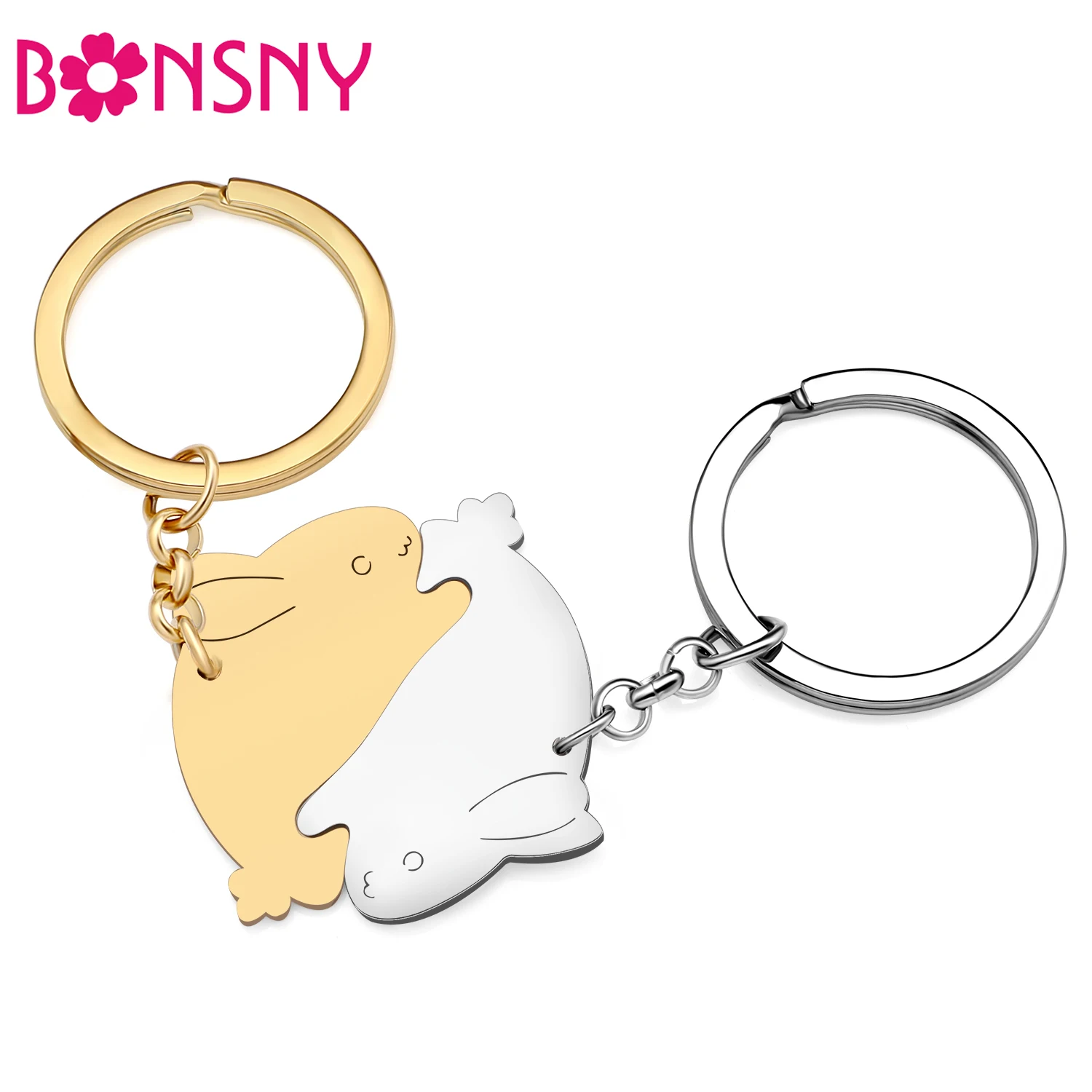 

Bonsny Stainless Steel 2PCS Gold Silver-plated Rabbit Keychains Animal Lovers Patchwork Key Chains Charm Keyring For Couple Gift