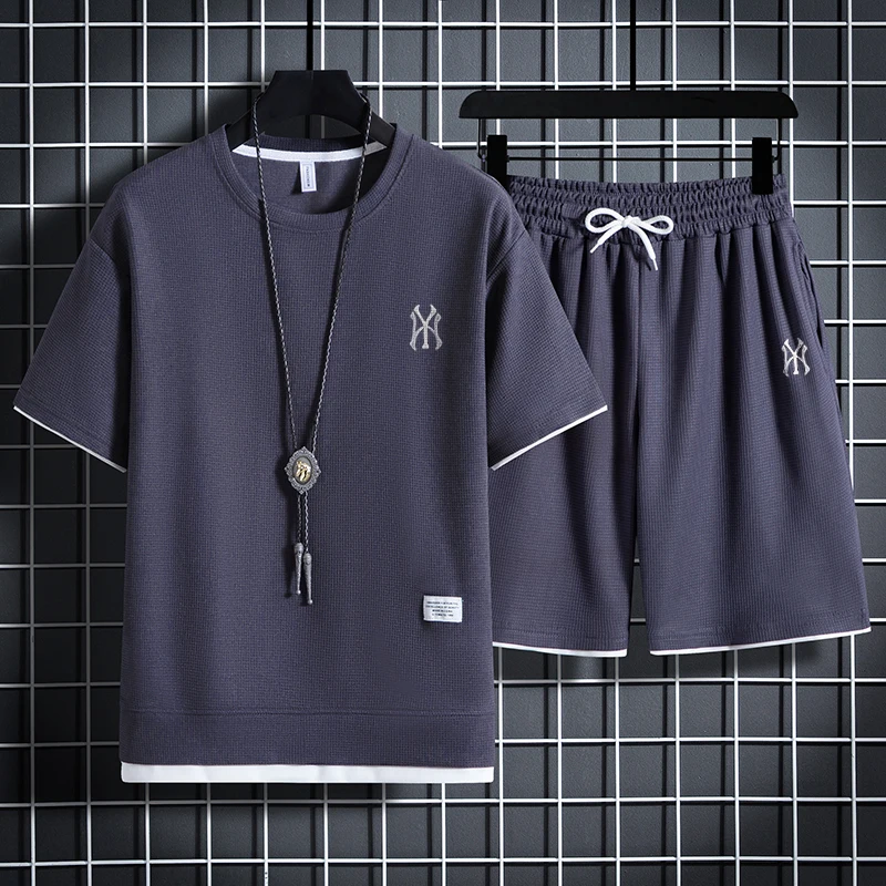 2023 Summer Men's Two Piece Set Linen Fabric Casual T-Shirt and Shorts Set Mens Sports Suit Fashion Short Sleeve Tracksuit