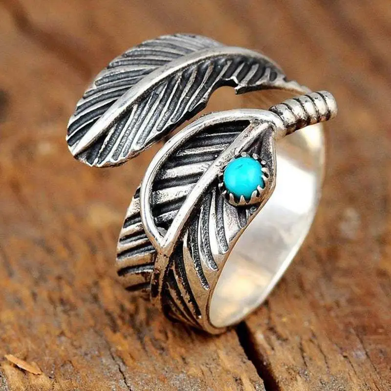 

Fashion Leaf Feather Rings For Women Female Turquoises Thumb Silver Color Ring Adjustable Boho Party Fashion Jewelry Stackable