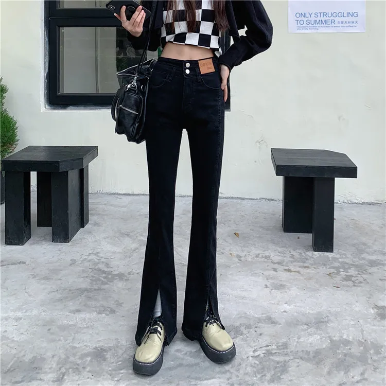 

N6684 High waist slit jeans women's spring autumn black micro flared pants new slim straight mop pants jeans