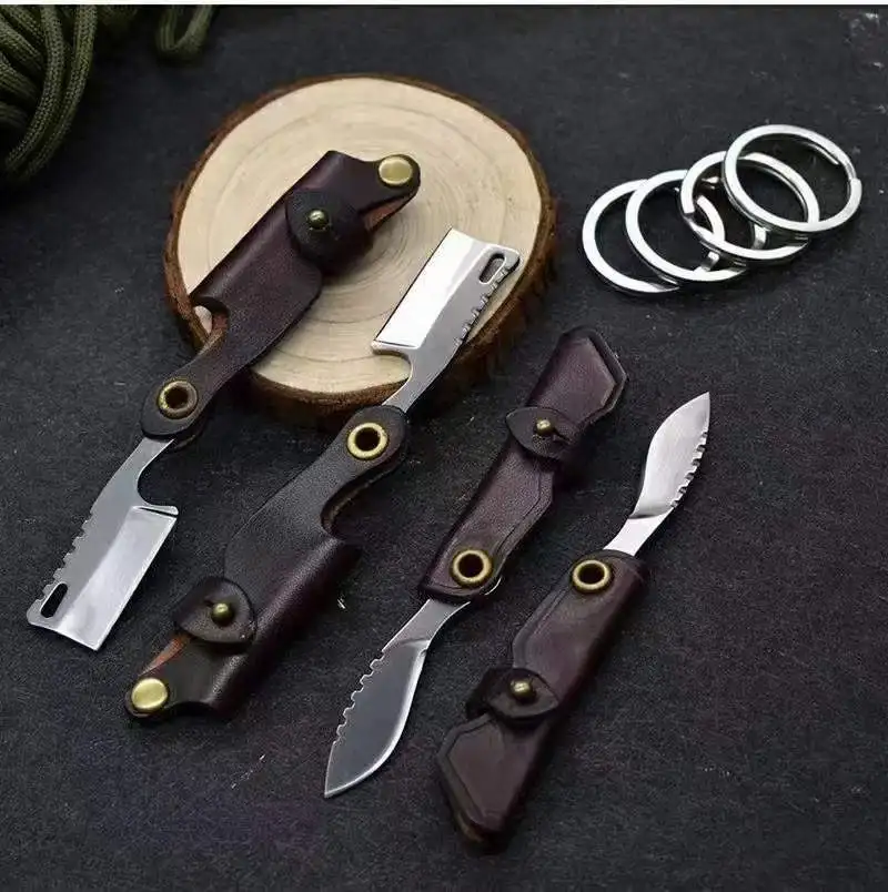 

Mini Keyring Folding Pocket Knife Portable Outdoor Hunting Tool, 1.45'' D2 Blade Leather Sheath Handle, Edc Grainer Man Gifts