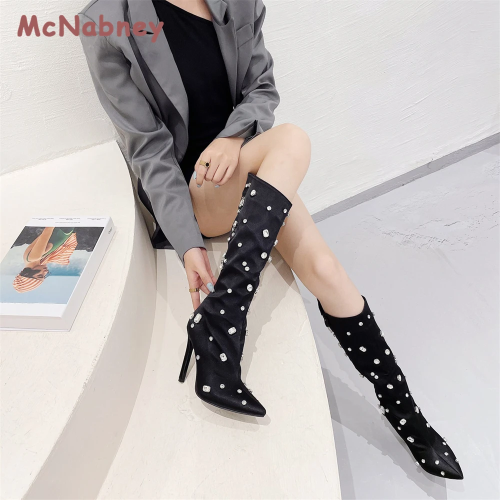 Winter Boots Pointed Toe Nightclub Zipper Stiletto High Heels Long Boots Black Gold Knee High Boots Rhinestones Fashion Shoes