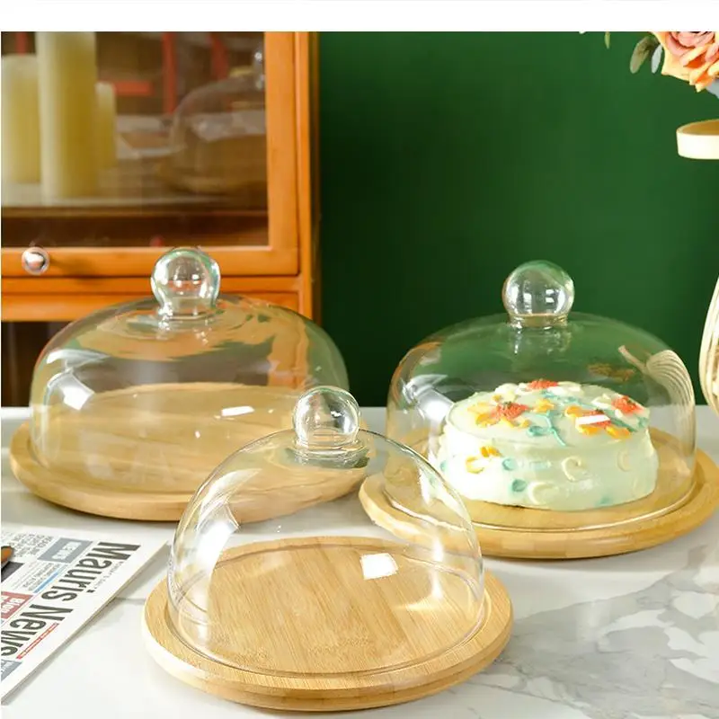 

Bamboo Wood Cake Pan Transparent Glass Cover Wooden Bottom Cake Stand Dessert Table Display Stand Rotatable Tray Dessert Plate