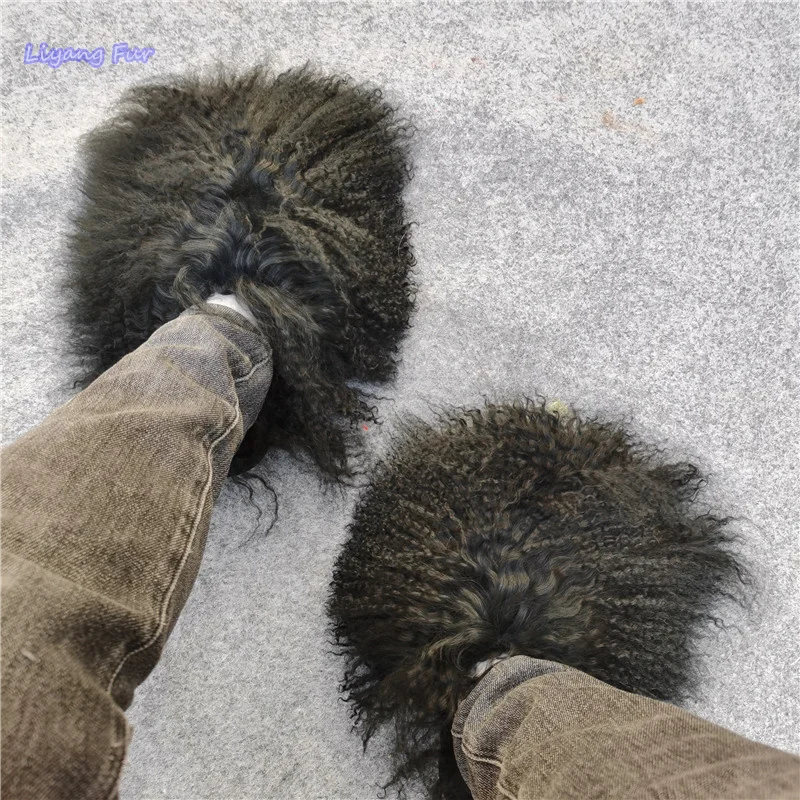 Fashion Trendy Customized Warm Plush Fluffy Winter Slippers Curly Fur Shoes Women Sheepskin Slippers Mongolian Fur Slipper Slide