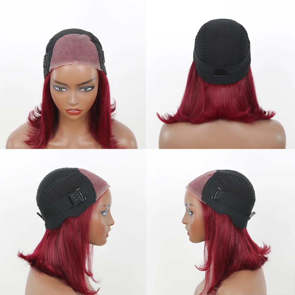 Парики без клея бордовый Боб парик человеческие волосы 6x4 HD 99j бордовые на сетке