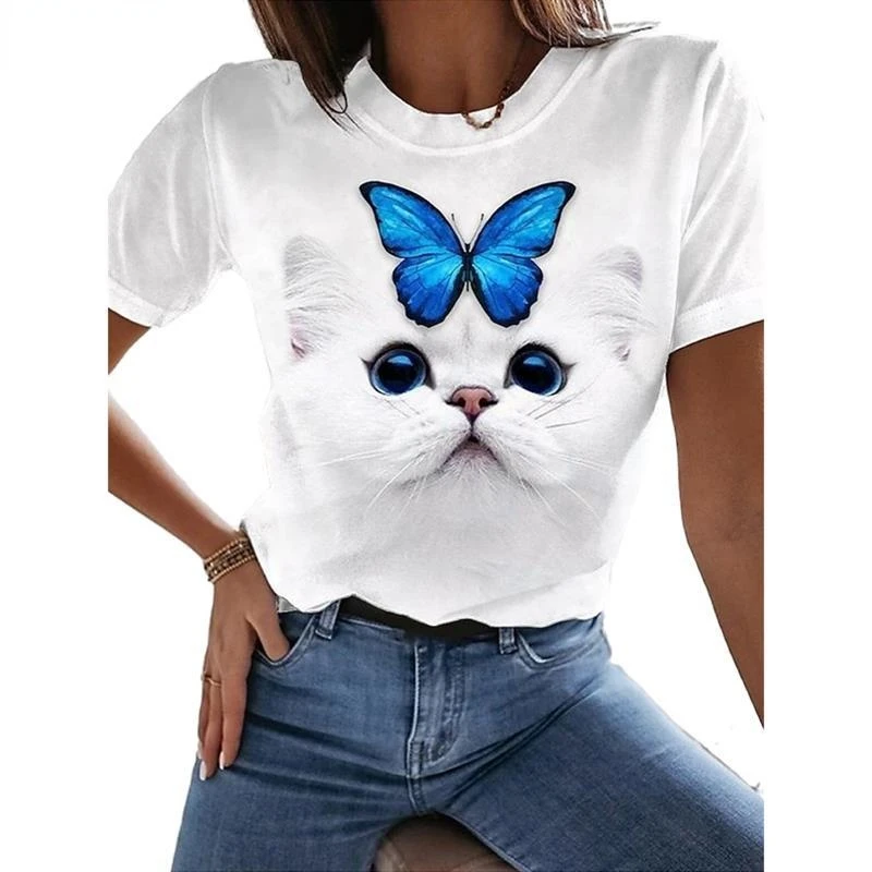 

Ladies Breathable Pullover 3D Cartoon Cat Print T-Shirt Spring 2022 Loose Short Sleeve O Neck Top Casual Plus Size