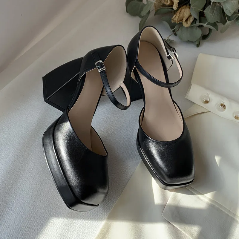 

MKKHOU Fashion Pumps New High Quality Leather Square Toe Platform Mary Jane High Heels Retro College Style Lolita Shoes