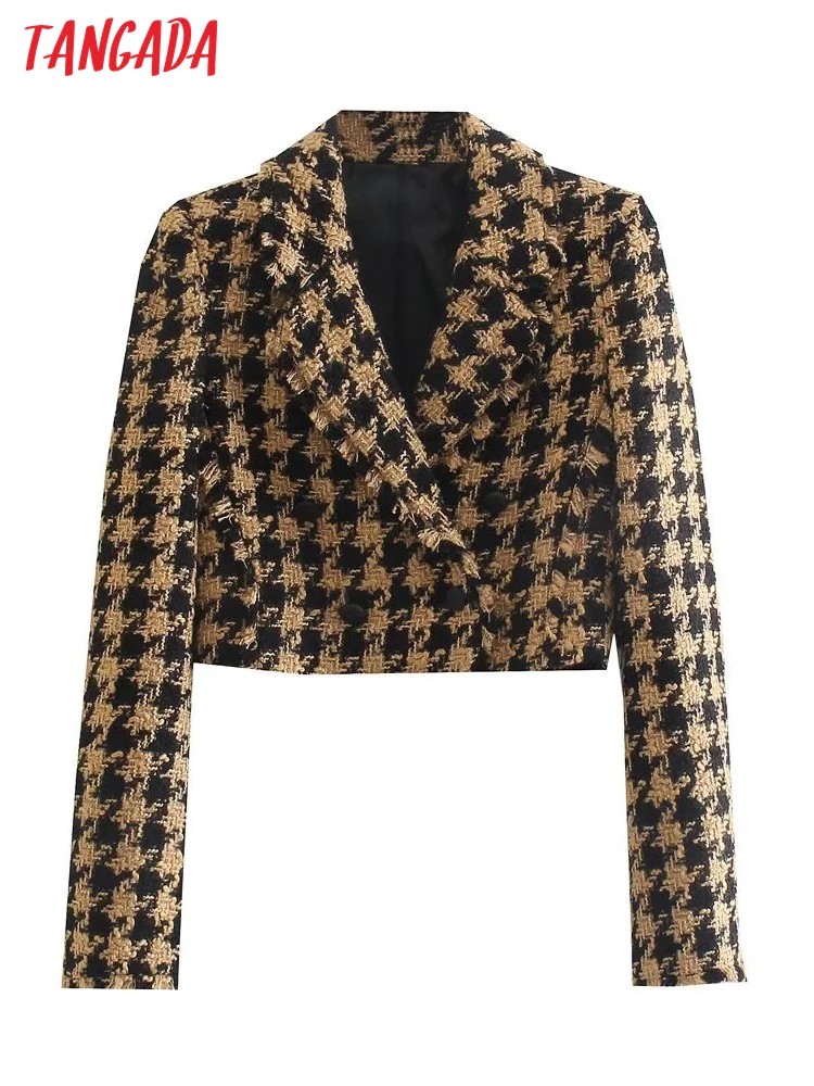 

Женский твидовый двубортный укороченный Блейзер Tangada, винтажный костюм с длинным рукавом, 3H74