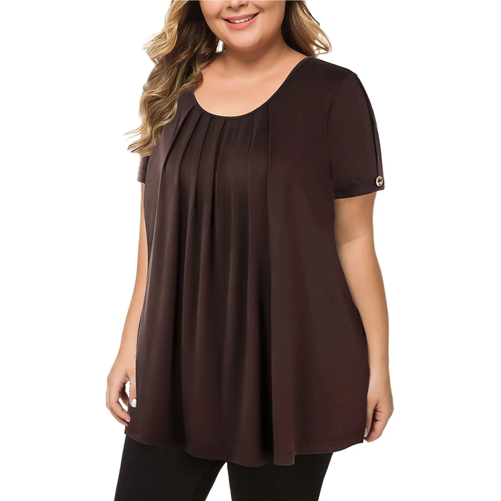 Plus Size Shirt Summer Woman Short Sleeve Casual Top Loose Female Pleated Blouse Tunic Solid Color Pullover Tops