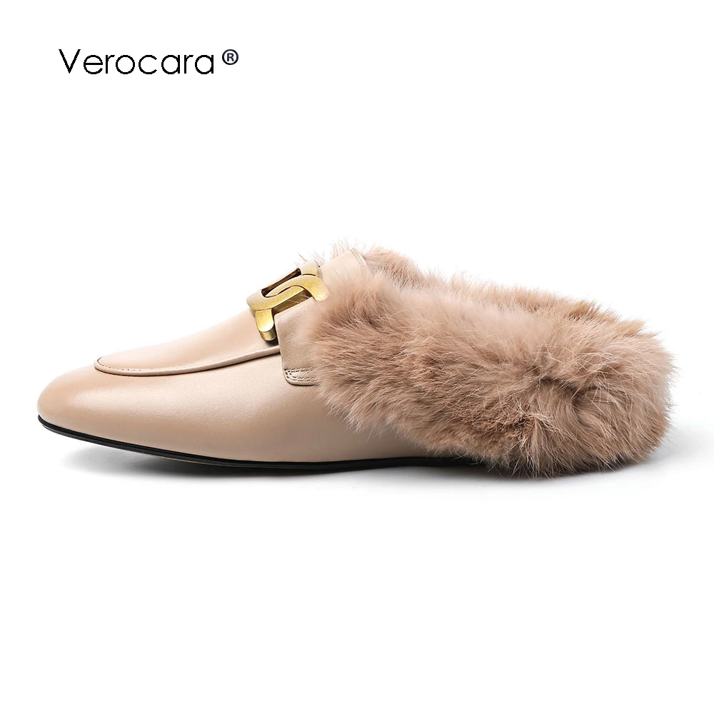 

Verocara Mules for Women Genuine Cowskin Leather Buckle Rabit Fur Flat Low Heel Slip-on Loafer Slingback Backless Slide Slippers
