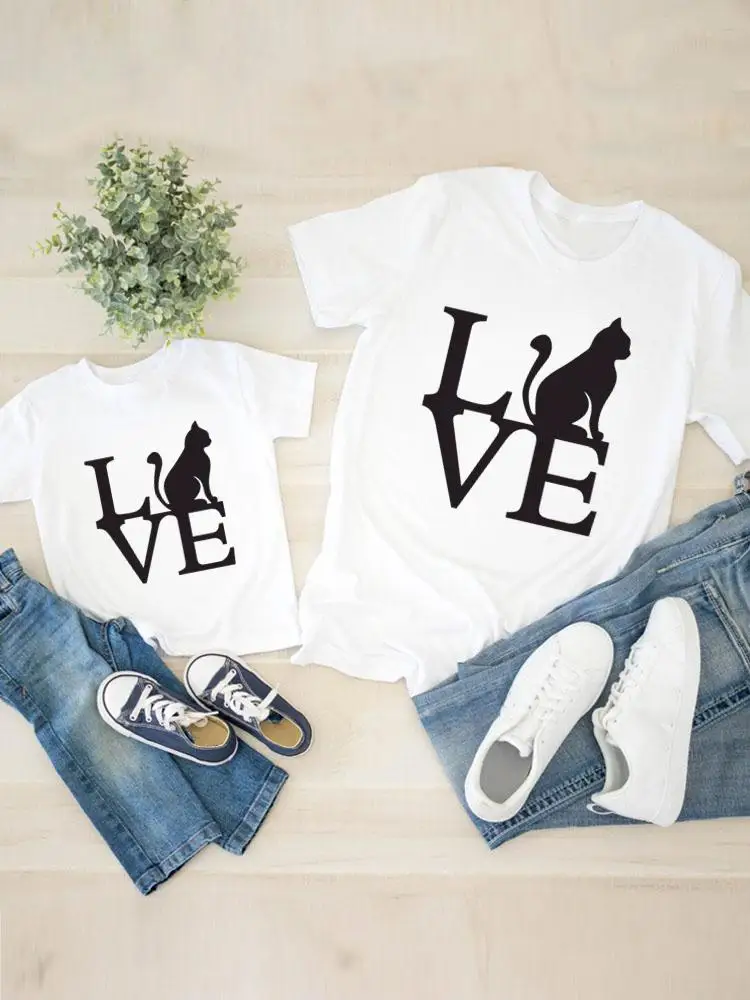 

Women Child Kid Clothing Letter Love Cat Animal Graphic T-shirt Tee Boy Girl Summer Mom Mama Clothes Family Matching Outfits