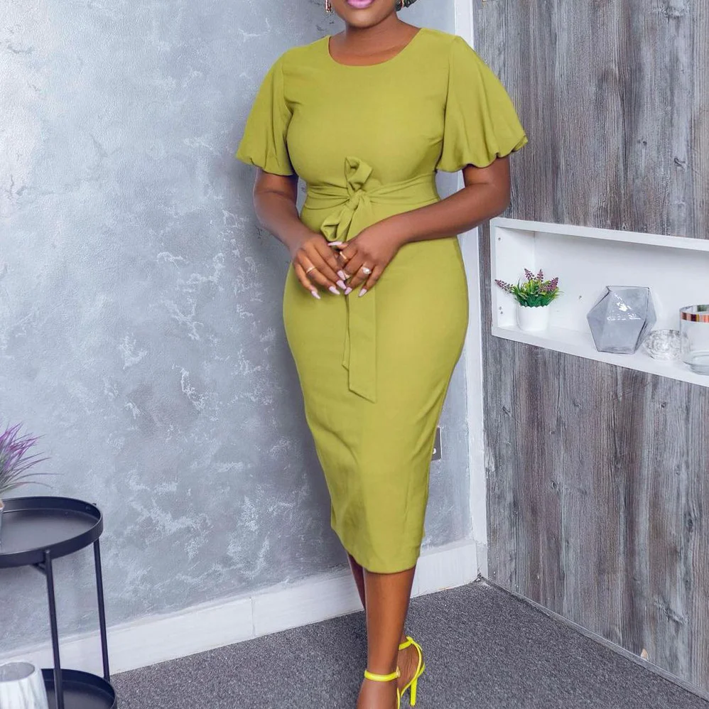 

2022 Summer New Solid Color Bubble Sleeve Bandage Temperament Commuter High Waist Dress