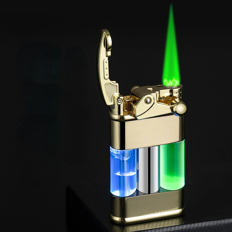 

New Nightlight Flowing Sand Rocker Arm Windproof Green Flame Lighter Repeated Inflatable Cigar Lighter Men's Smoking Accessories