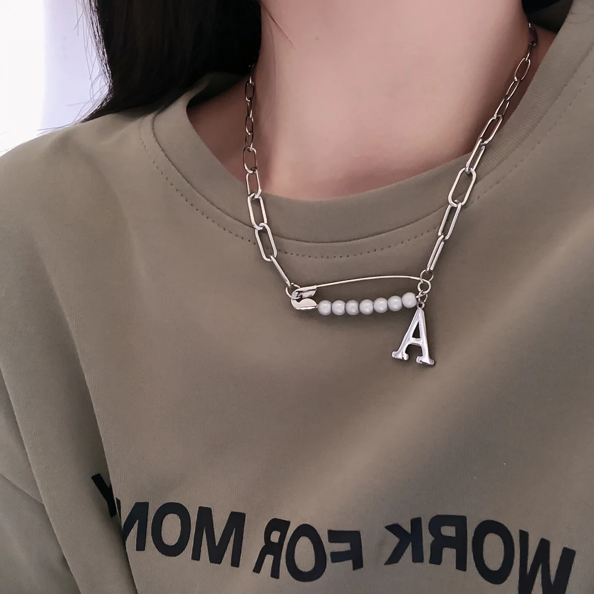 

Sindlan Punk Silver Color Pin Pendant Necklace for Women Kpop Goth Stainless Steel Letter Couple Emo Jewelry Collares Para Mujer
