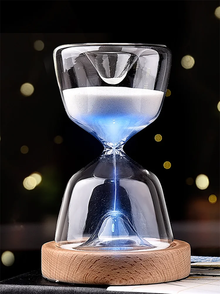 

Luminous Remote Control Glass Hourglass 15 Minutes Timer Free Customized Laser Lettering Wood Bottom Night Light Sand Watch