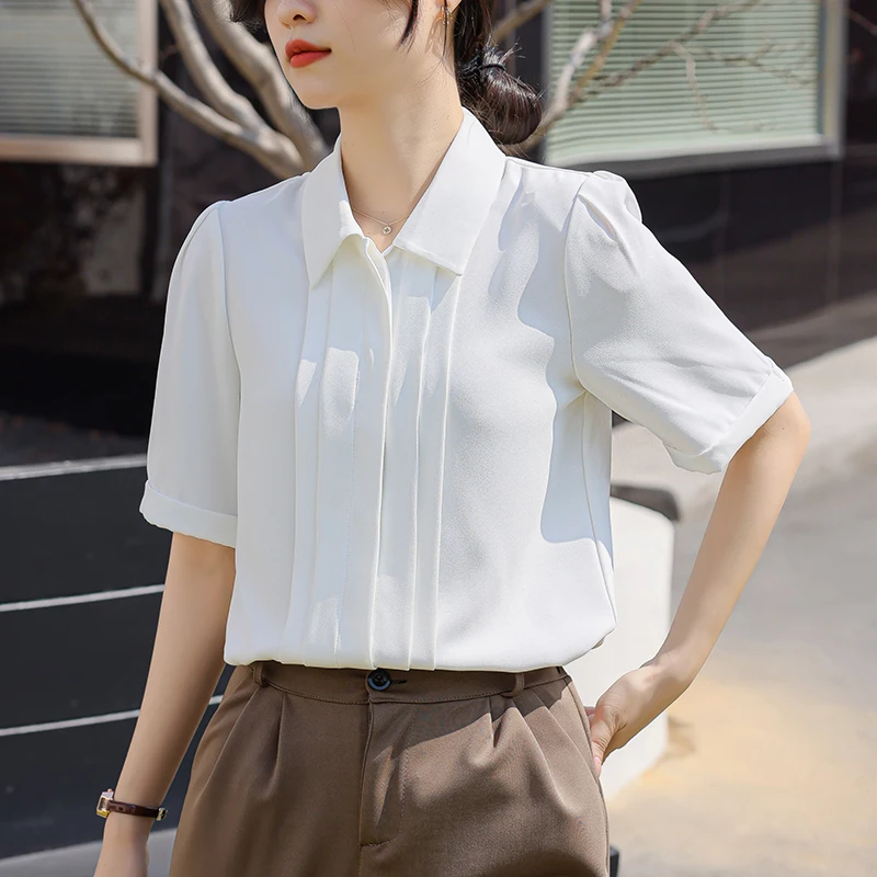 

White Chiffon Shirt Women Short Sleeve 2023 Summer Top for Women Fashion Pleated Blouse Interview Business Office Shirts and Top