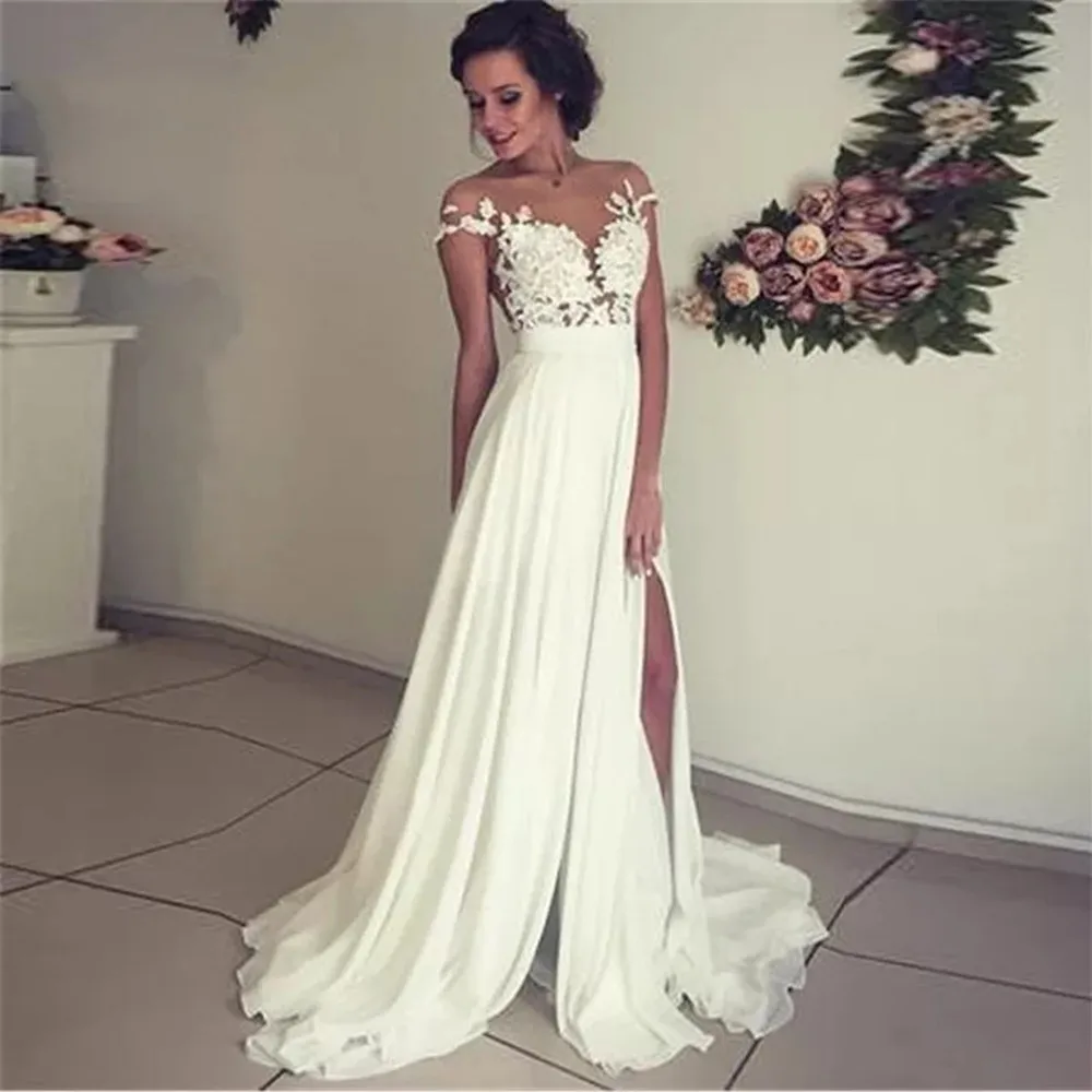 

Beach Vestido De Noiva Wedding Dresses A-line Cap Sleeves Chiffon Lace Slit Dubai Arabic Boho Wedding Gown Bridal Dresses