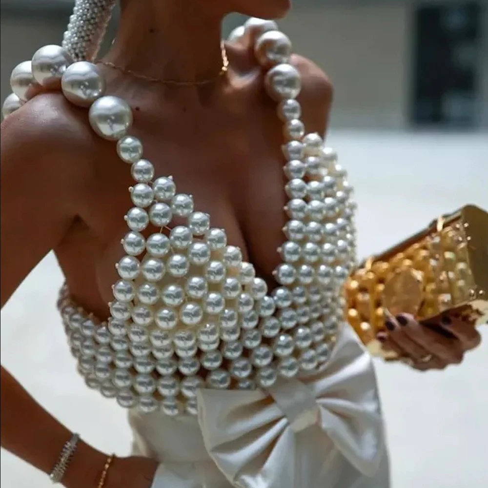 Exaggerated Pearl Vest Deep V Neck Sleeveless Bustier Fashion Bra Tank Crop Top Harness Beads Body Chain Jewelry Women Club Rave