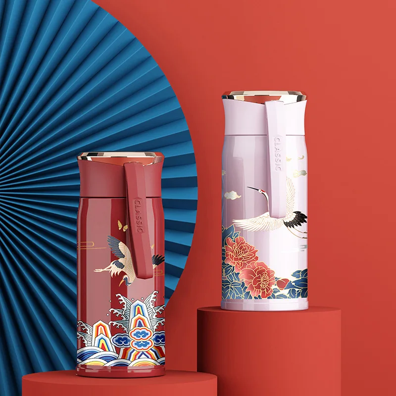 

Lucky Pattern Thermos Bottle 310ml Chinese Style Water Bottles Tea Infuser Insulated Tumbler Leakproof Stainless Steel Cups Gift