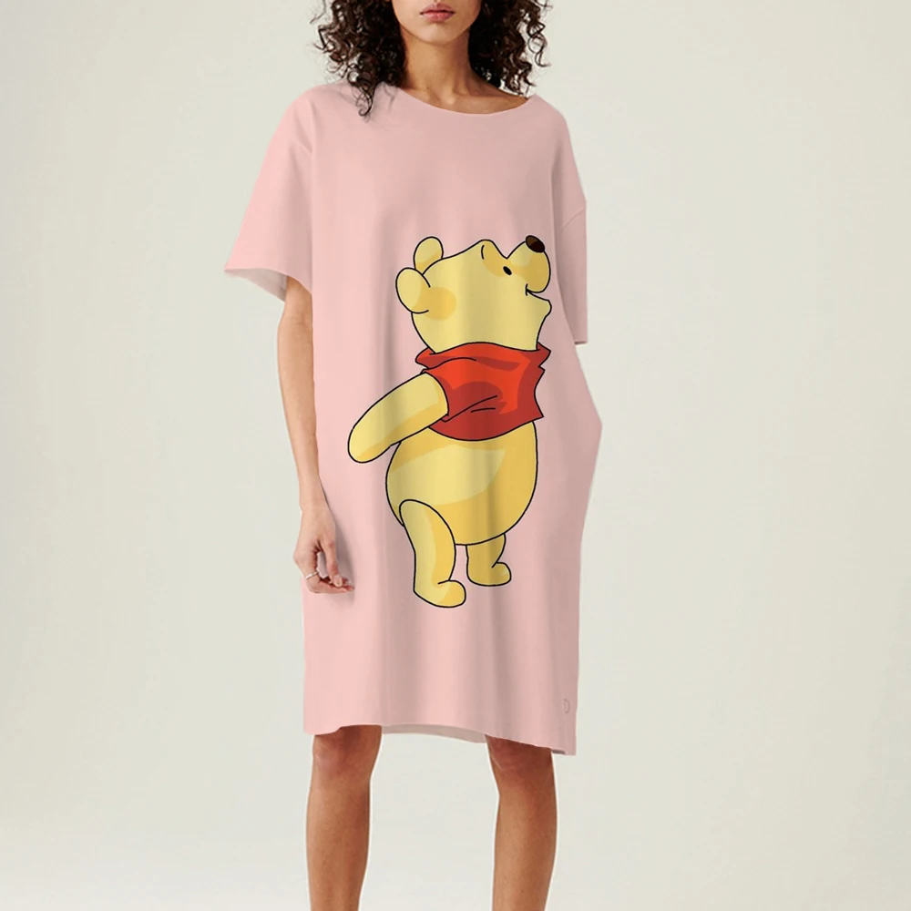 Disney Winnie the Pooh Casual T Shirt Dress Women Long Dress O-neck Short Sleeve Summer Midi Sundress Y2K Female Clothing