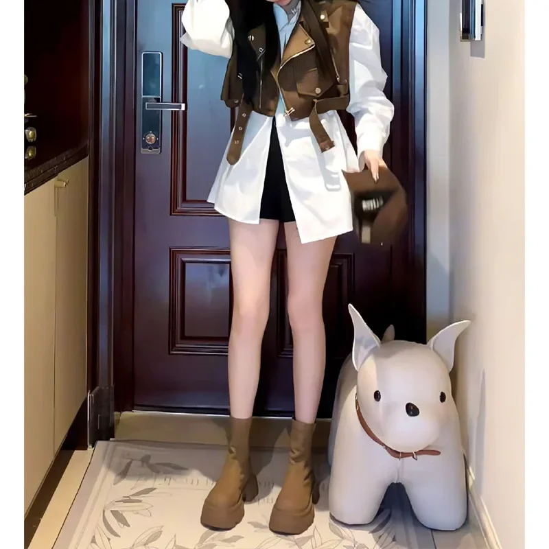 Элегантный винтажный укороченный кожаный жилет в американском стиле с лацканами